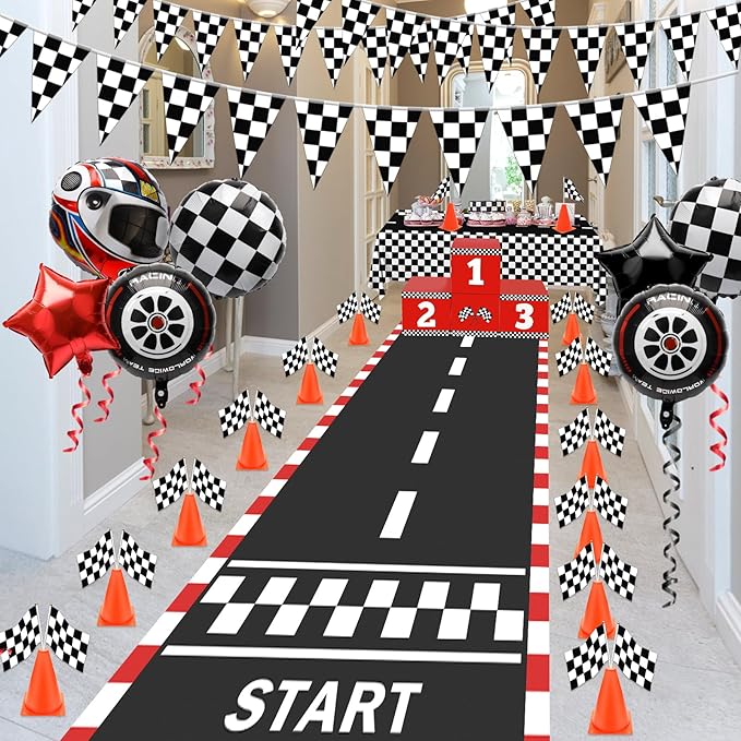 Windspeed Traffic Cones And Racing Checkered Flags, Race Car Party Decorations Include 24P Hand Held Checkered Flag 12P Mini Traffic Cones, Racetrack Floor Running, Hanging Racing Flags, Balloons, Tablecloth