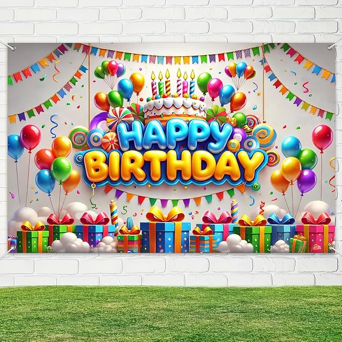 Happy Birthday Banner Decrations Colorful Backdrop Balloons Confetti Cake Background Decoration 84x60 Inch for Kids Boys Girls Photo Booth Party Supplies for Girls or Boys Gifts
