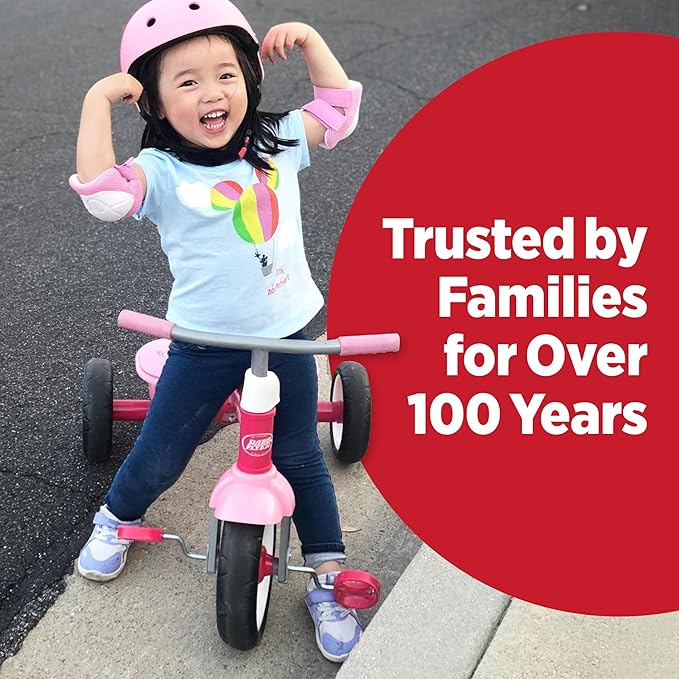 Radio Flyer Pink Rider Trike, Ages 2.5-5, Adjustable Seat, Steel Construction, Quiet Ride Wheels, Storage Bin, Comfort Grip Handlebars, Tricycle for Toddlers, Amazon Exclusive