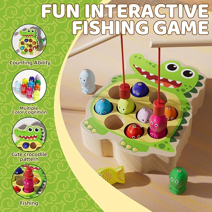 Magnetic Wooden Fishing Toy for Toddlers 2-4, Crocodile Montessori Toys for 2 3 4 Year Old, Fine Motor Skills Early Educational Learning Toy for Kids Boys Girls (Crocodile)