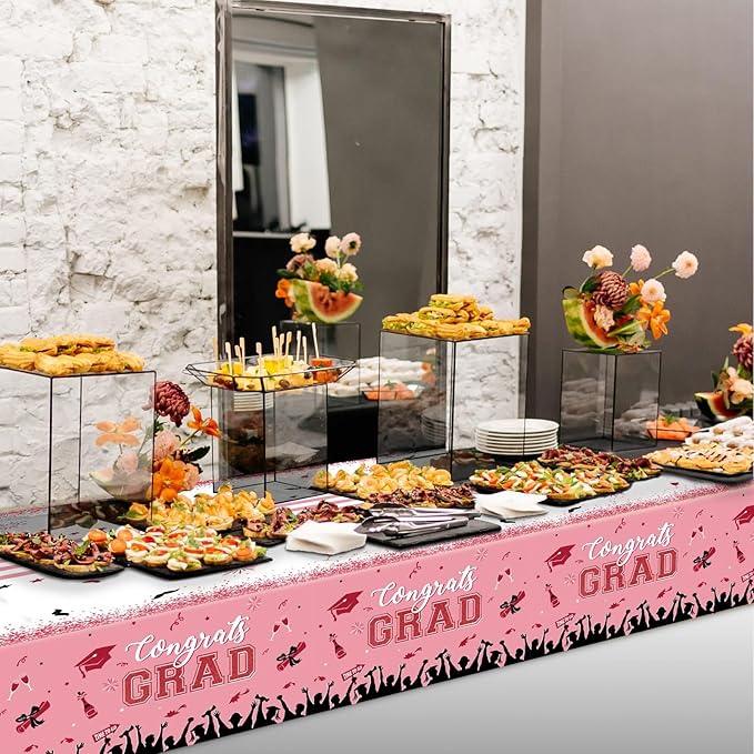 chiazllta Set of 3 Graduation Tablecloths Class of 2025 Congrats Grad Pink Graduation Party Tablecover Decorations Party Supplies Large Size Plastic 54"x108"(Pink & Gold)