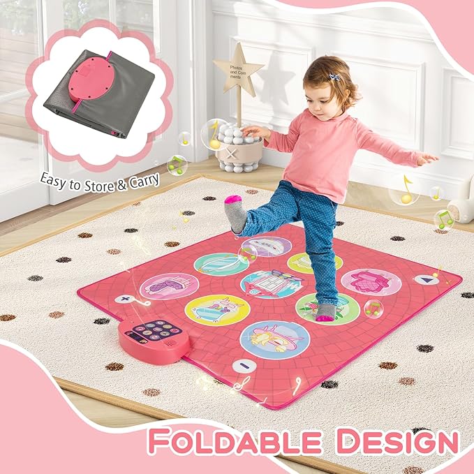 HONEY JOY Dance Mat, Pink Electronic Dancing Pad w/3 Game Modes, 5 Challenge Levels, 9 Keyboard Sounds, 9 Songs & Adjustable Volume, Musical Rhythm Step Play Mat, Gift for 3+ Years Old Girls Boys