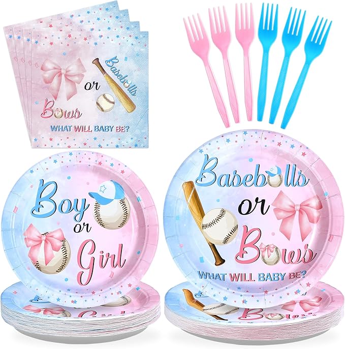 96 Pcs Baseball or Bows Gender Reveal Decorations Disposable Boy or Girl Gender Reveal Party Supplies Blue Pink Baseballs Themed Paper Plates and Napkins for Pregnancy Announcement Supplies，Serves 24