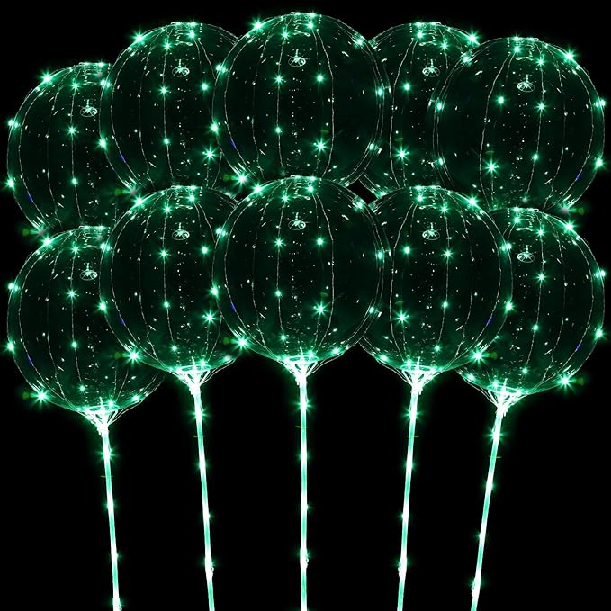 LED Balloons Light Up, 10 Pack LED Balloons with Sticks, 20 Inch Clear Bobo Balloon with Lights Helium Glow Bubble Lights for Party Supplies Valentines Decor (Green)