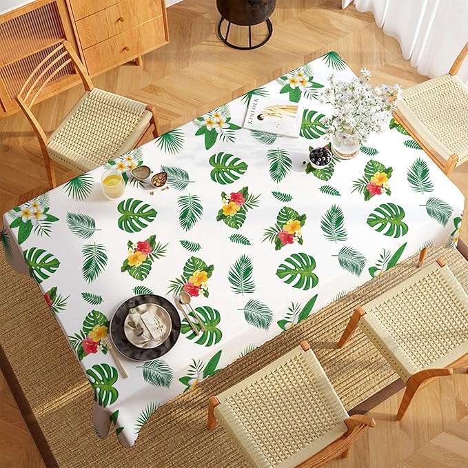 2Pack Hawaiian Luau Tablecloth 54x108 Inch, Tropical Palm Leaves Table Cover for Party, Plastic Disposable Green Leaves Decor for Birthday, Jungle Nature Theme Party Supplies Decorations