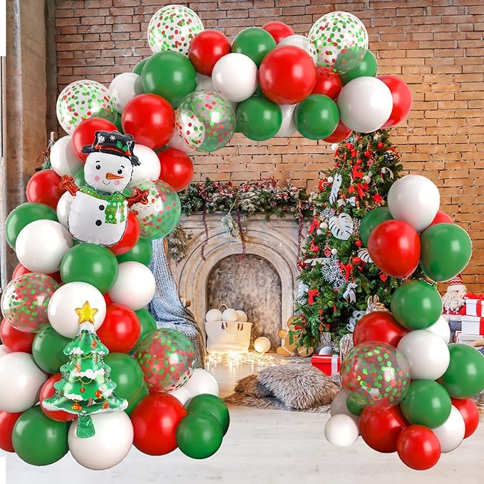 Christmas Balloon Garland Arch Kit Red Green White Latex Balloons Red Green Confetti Balloon with Mini Snowman Christmas Tree Foil Balloons for Xmas New Year Party Decortaion Supplies
