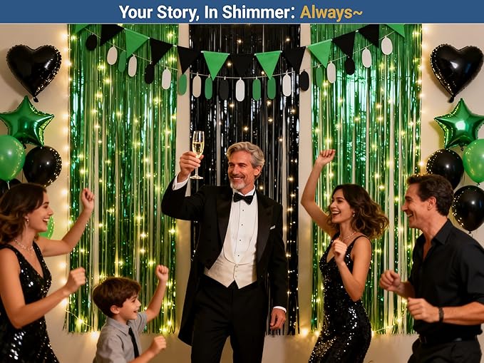 3 Packs Green Black Foil Fringe Curtains Green Birthday Decorations Streamer 9.9ft Wide for Wedding Party Backdrop Bridal Shower Tinsel,Birthday Party Door Cover Each 3.3 x 6.5 ft