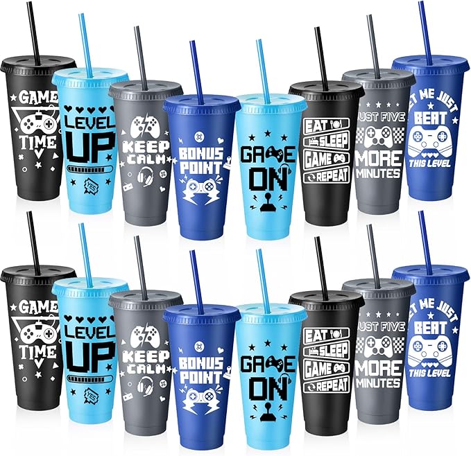 16 Pcs Video Game Plastic Cups Gaming Party Favor with Lids and Straws 24 oz Gamer Reusable Tumbler Water Mug for Fun Video Birthday Party Supplies for Adults (Gray Light Blue Black Dark Blue)