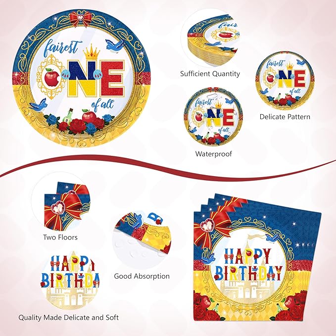 96 Pcs Snow Princess 1st Birthday Party Supplies Cartoon Snow Plates and Napkins Red Blue Yellow Tableware Set for Girls First Birthday Baby Shower Princess Theme Party Supplies, Serves 24