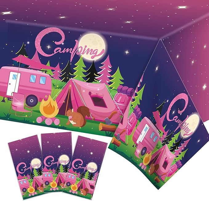 3 Pcs Pink Camping Tablecloth Plastic Table Covers Pink Camping Tablecloth Disposable Table Cover Pink Camping Table Cover for Kitchen Home Decor, 54x87In