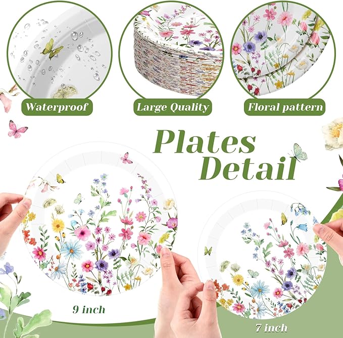 60 Pcs Wildflower Paper Plates 9 in and 7 in Spring Floral Disposable Party Plates Wildflower Butterfly Dessert Tableware for Wedding Baby Shower Birthday Tea Party Table Decor Supplies