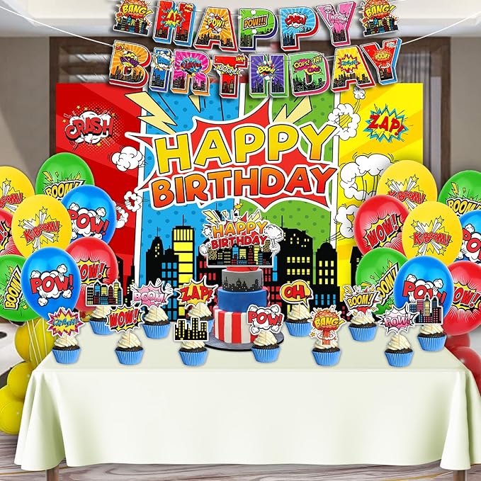 31pcs Superhero Birthday Party Supplies Pack Includes City Hero Theme Backdrop 5X3FT, Banner, Cupcake Toppers,Cake Topper and Balloons for Super Hero Party Decorations