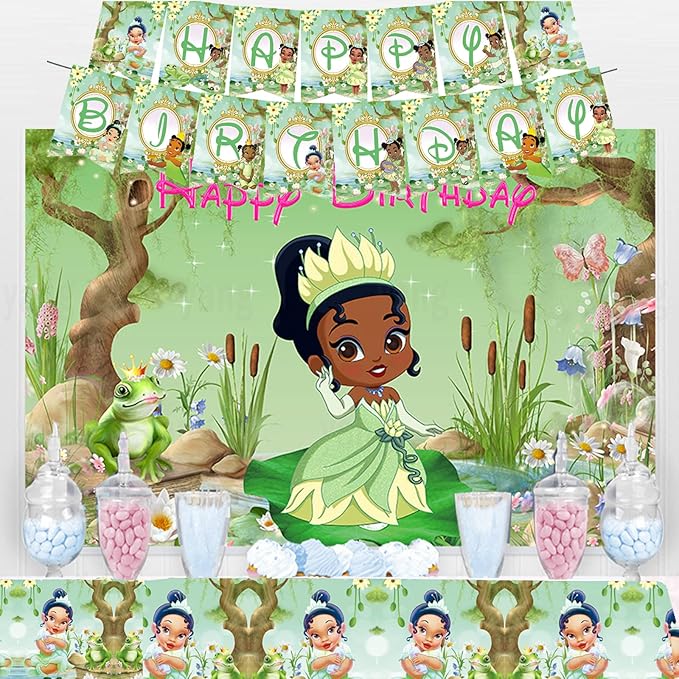 Princess Tiana Birthday Party Decorations, The Frog Tiana Party Tableware with Banner, Tablecloth, Disposable Paper Plates and Napkins for Little Princess Birthday Baby Shower Party Decorations