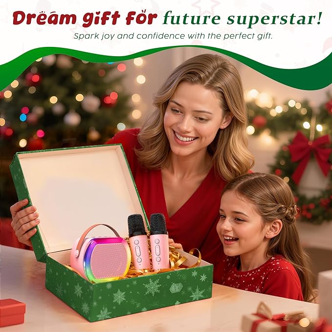 Mini Karaoke Machine with 2 Wireless Microphones, Kids Portable Karaoke Machine for 3, 4, 5, 6, 7, 8, 9, 10, 11, 12+ Year Old, Best Birthday Christmas Toy Gift-Stocking Stuffers for Girls