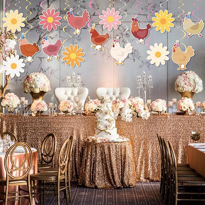Chicken and Daisy Hanging Swirls Chicken Birthday Decorations 20PCS Daisy Chick Ceiling Hanging Decor Farm Animals Streamers for Boys Girls Boho Floral Hen Baby Shower Party Supplies