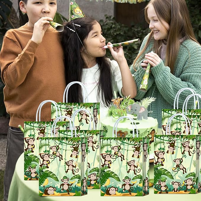 Tyndallrays 16 Pieces Monkey Goodie Bags for Birthday Party Supplies, Gift Snacks Treat Candy Favors for Kids Adults Jungle Theme Decorations