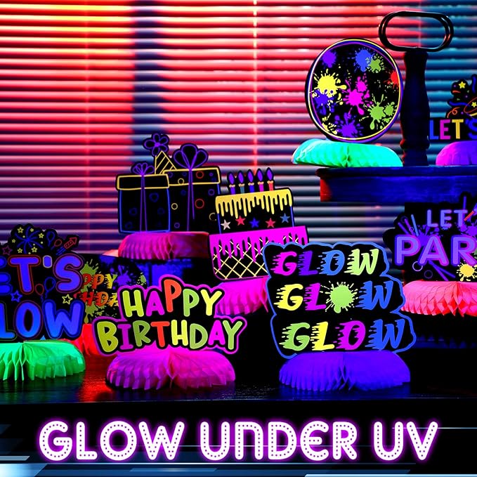 9 Pcs Real Glow in Dark Party Supplies, Glow Under UV Black Light Reflective Ink Printing Neon Honeycomb Birthday Decorations Neon Table Centerpieces Table Party Favor Decorations