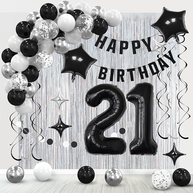 21st Birthday Decorations for Boys Girls, Happy Birthday Decorations for Her Him,21 Black and Silvery Party Kit Supplies
