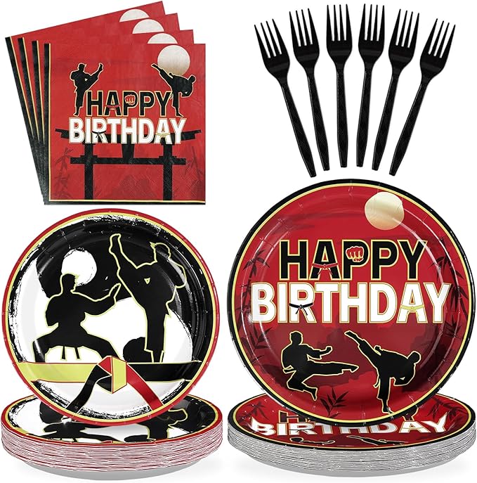 96 Pcs Karate Birthday Party Decorations Taekwondo Martial Arts Plates and Napkins Disposable Karate Themed Tableware Set for Kids Boys Ninja Sports Birthday Party Supplies Serves 24
