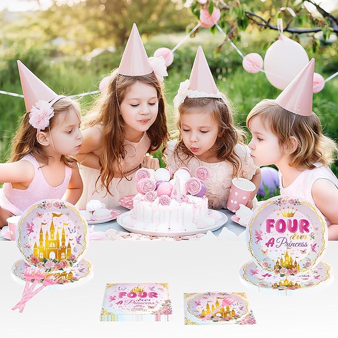 96Pcs Princess Party Plates & Napkins, Four Ever a Princess Birthday Party Tableware Set, Pink Disposable Plates, Forks, 4th Birthday Dinnerware Napkins for 24 Guests