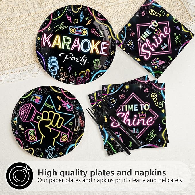 96Pcs Karaoke Party Supplies Music Disco Microphone Plates and Napkins Karaoke Night Neon Music Theme Tableware Set for Popular Singer Social Media Birthday Party Decorations Serves 24