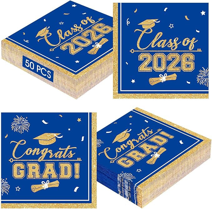 50 Pcs Graduation Napkins Class of 2026 - Blue Gold Congrats Grad Napkins Set, 3-Ply Disposable Graduation Luncheon Dinner Party Paper Napkins for Graduations Party Supplies Table Decoration