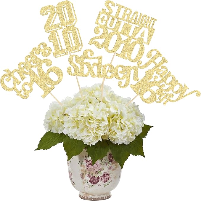 Gyufise 15Pcs Happy 16th Birthday Centerpiece Sticks Sixteen Straight Outta 2010 Table Flower Centerpieces Sticks for Cheers to 16th Birthday Party Supplies Gold