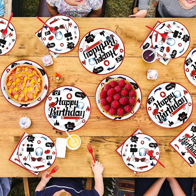 96Pcs Social Media Youtube Birthday Party Decorations Social Media Inspired Plates and Napkins Camera Themed Tableware Set for Adults Youtube Birthday Subscribe Play Video Party Supplies Serves 24