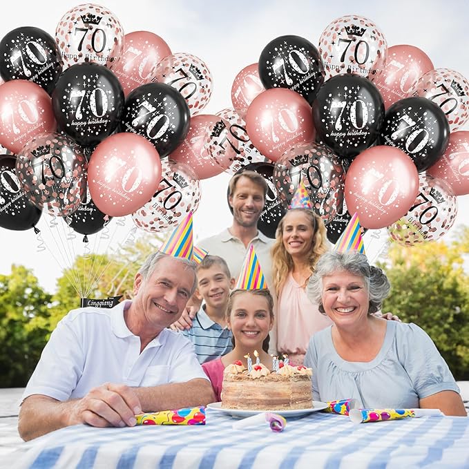 70th Birthday Decorations for Women, Black Rose Gold Happy 70th Birthday Latex Balloons Set, Pack of 15 70th Party Decor Balloons for Age 70 Years Old Birthday Party Decoration Celebration Supplies