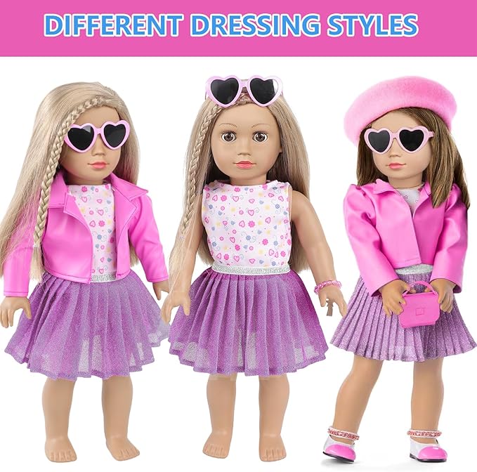 American 18 Inch Doll Makeup Accessories And Clothes,Tote Bag Set For 18" Dolls Include Berets Outfits Sunglasses Phone Eye Shadow Lipstick Blusher Bracelets Eyelash Brush Toy Stuff(No Doll And Shoes)