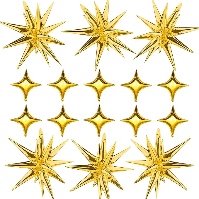 Gold Star Foil Balloons Kit - 6 Pack 12 Point Starburst Cone and Spike Balloons With 10Pcs Four Pointed Stars for Wedding, Baby Shower, Photo Booth, Birthday Party Supplies