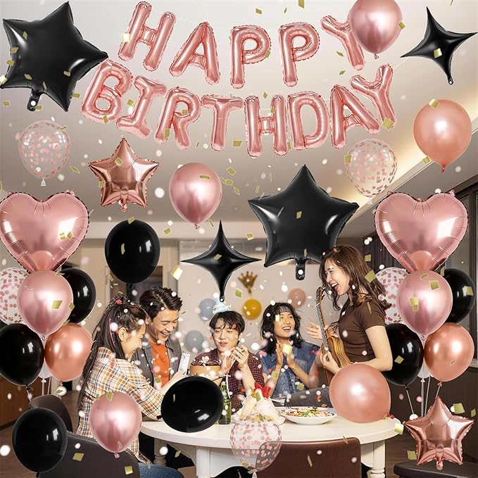 Rose Gold and Black Birthday Decorations for Women Black Pearl Rose Gold Metallic Party Balloons Confetti Balloon Happy Birthday Banner Heart Balloons 18/10 Inch Star Balloon for Bday Party Supplies