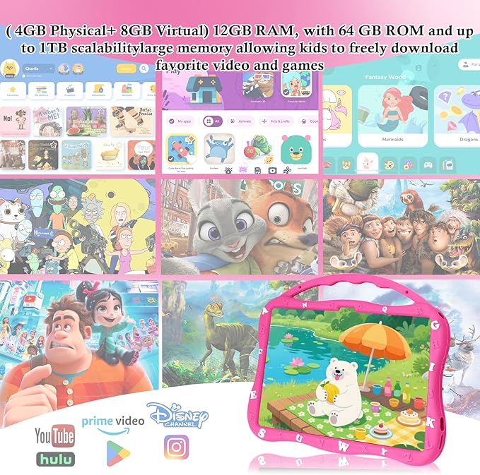 Kids Tablet, 10.1 inch Tablet for Kids, Educational Learning Toddler Tablet Android 14, 12GB RAM+64GB ROM Storage, 5G WiFi,for Baby Girl boy 3-10(Red)