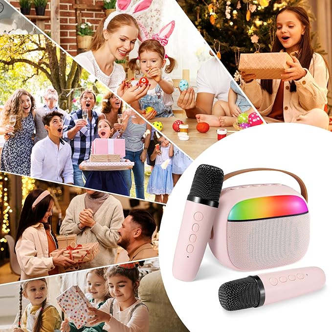 Kids Karaoke Machine,Portable Bluetooth Speaker with 2 Wireless Microphones, Gifts Toys for Girls 4, 5, 6, 7, 8, 9, 10 +Year Old Birthday Family Home Party(Pink)
