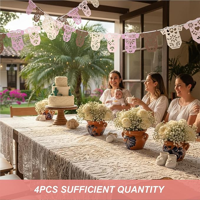 4 Set Cielito Lindo Baby Shower Garland 48 Pcs Pink Papel Picado Party Decorations Mexican Lace Baby Bodysuit Banner Card with Hanging String for Gender Neutral Party Supplies