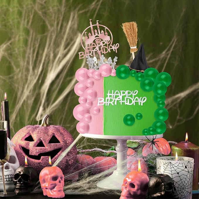 44 Pieces Pink and Green Cake Decorations with Mini Black Witch Hat, Silver Crown, Broom, Balloons, Happy Birthday Cake Topper for Girls Women Princess Witch Birthday Party Decorations Supplies