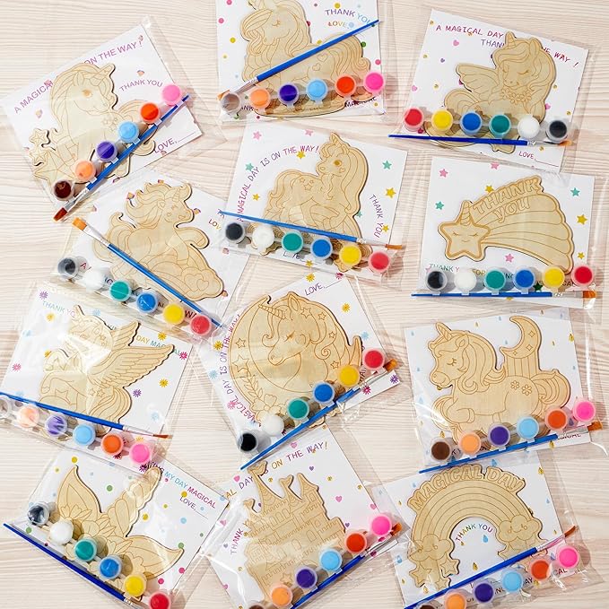 Winrayk 12 Pack Pre-Packaged Unicorn Party Favors for Girls, Wooden Unicorn Cutouts with Gift Cards & Painting Kits, Kid Rainbow Princess Art and Crafts Goodie Bag Stuffer Birthday Decoration Supplies