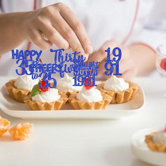 30 PCS 35th Birthday Cupcake Toppers Glitter Ten Happy 35th Straight Outta 1991 Cupcake Picks for Cheers to 35 Fabulous 10th Birthday Anniversary Party Cake Decorations Supplier Blue