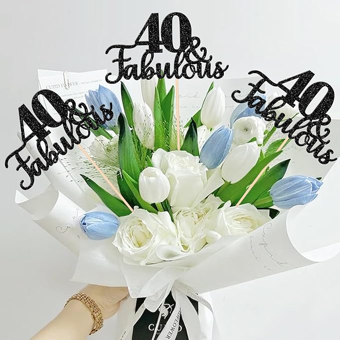 12 PCS 40 and Fabulous Centerpiece Sticks Double Sided Happy 40th Birthday Table Flower Centerpieces Sticks Cheers to 40 Floral Decorations for 40th Birthday Anniversary Party Supplies Black
