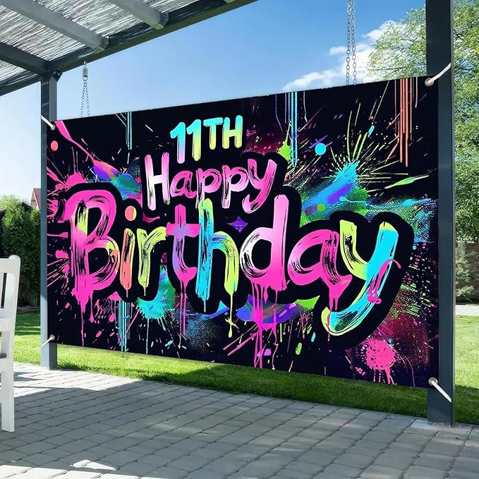 Neon 11th Happy Birthday Banner 71x43 Inch Paint Splatter Glow in The Dark Party Backdrop Colorful Wall Decor for Kids Boys Girls Eleventh Birthday Celebrations Photo Booth Props Event