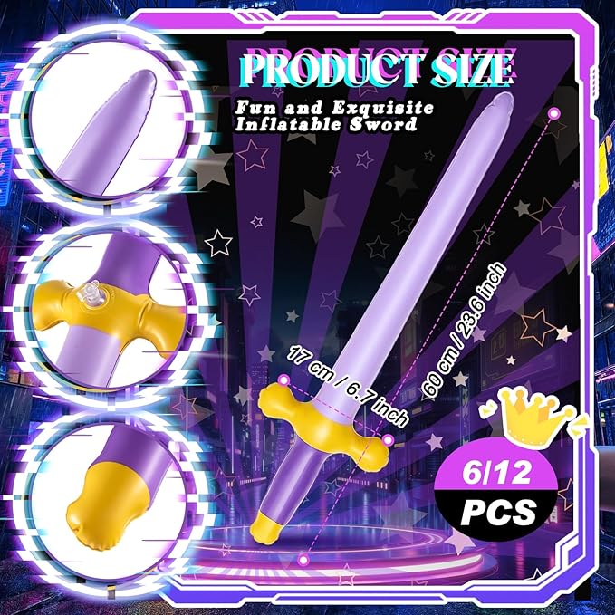 Outus 12 Pcs Inflatable Swords Blow up Swords Prince Party Favors for Theme Birthday Swimming Pool Viking Party Decorations Cosplay Halloween Costume Accessories Stage Props, 24 Inch (Gold,Purple)