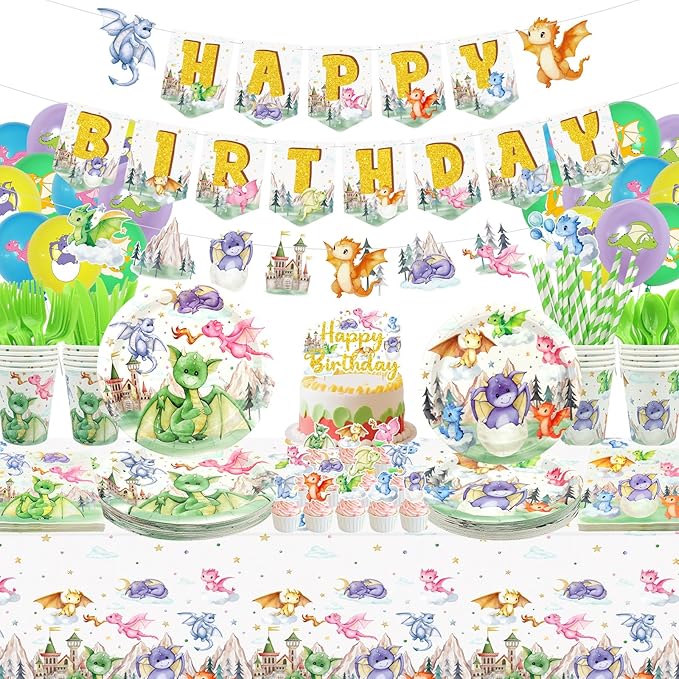 Dragon Party Supplies, Including Happy Birthday Banner, Plates,Cups, Napkins, Tablecloth, Balloons, Straws, for Dragon Theme Boy Girl Birthday Party Decorations Serves 20 Guest