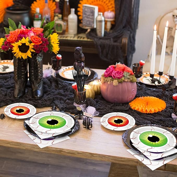 100 Pcs Spooky Halloween Eyeball Party Supplies Set - Serves 25, Scary Disposable Tableware, Includes Paper Plates, Napkins, Forks for Halloween Decorations, Trick or Treat Eyeballs Party Favors