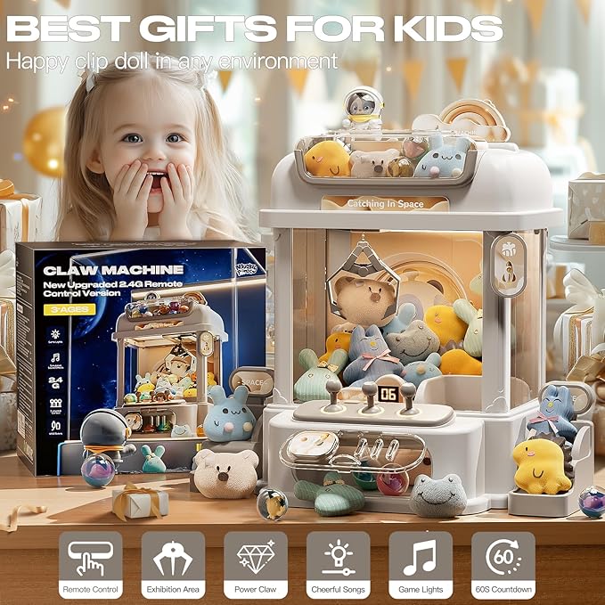 Remote Control Claw Machine for Kids, Mini Vending Machines Candy Grabber Prize Dispenser Toys for Girls, Arcade Game Machine with Light Sounds, Birthday Gifts Toys Age 3 Years (White)