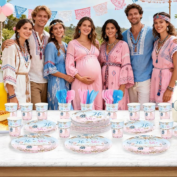 168Pcs Boho Gender Reveal Party Decorations He Or She Pink Blue Plates Napkins Cups Forks Knives Spoons Disposable Paper Tableware for Boy Or Girl Baby Shower Party Supplies Serves 24