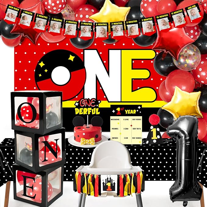 Mouse 1st Birthday Decorations for Baby - 1st Mouse Theme Party Supplies for Baby Shower Decoration Include Birthday Hat Cake Topper Backdrop Tablecloth Photo Banner Arch Balloon Boxes Poster
