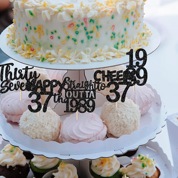 30PCS Black 37th Birthday Cupcake Toppers Glitter Thirty Seven Happy 37th Straight Outta 1989 Cupcake Picks for Cheers to 37 Years Birthday Wedding Anniversary Party Cake Decorations Supplies