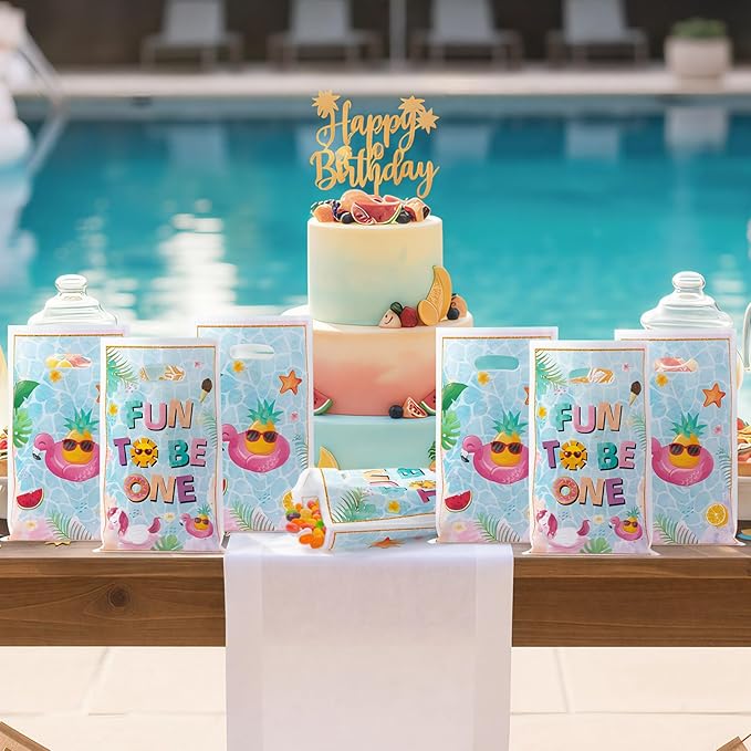 50Pcs Summer Pool Party Favor Bag Watercolor Pool Fun to Be One Goodie Treat Candy Gift Bag Summer Beach 1st Birthday Party Decor for Baby Boy Girl First Birthday Hawaii Beach Swimming Events Supplies