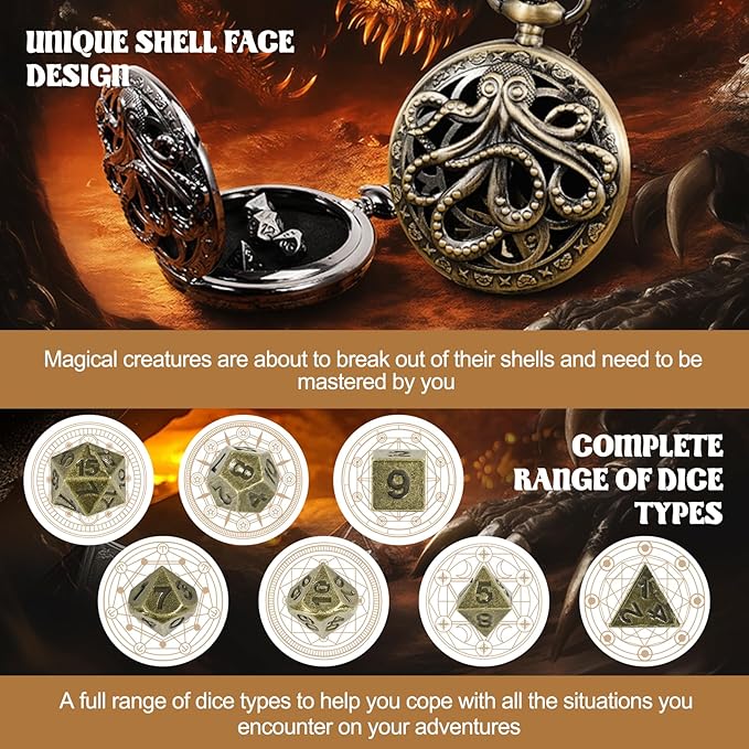 D&D Dice Set,7PCS Metal Dice for Dungeons and Dragons,Mini Dice Set with Pocket Watch Case,Role Playing Board Games Accessories (Octopus, Bronze)