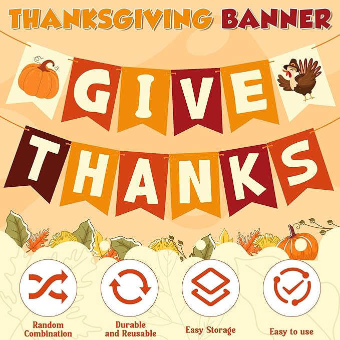 OHOME Thanksgiving Decorations - GIVE THANKS Banner | Friendsgiving Party Decorations for Indoor Outdoor Outside - Thanksgiving Garland for Front Door | THANKSGIVING Backdrop Wreath for Window Wall